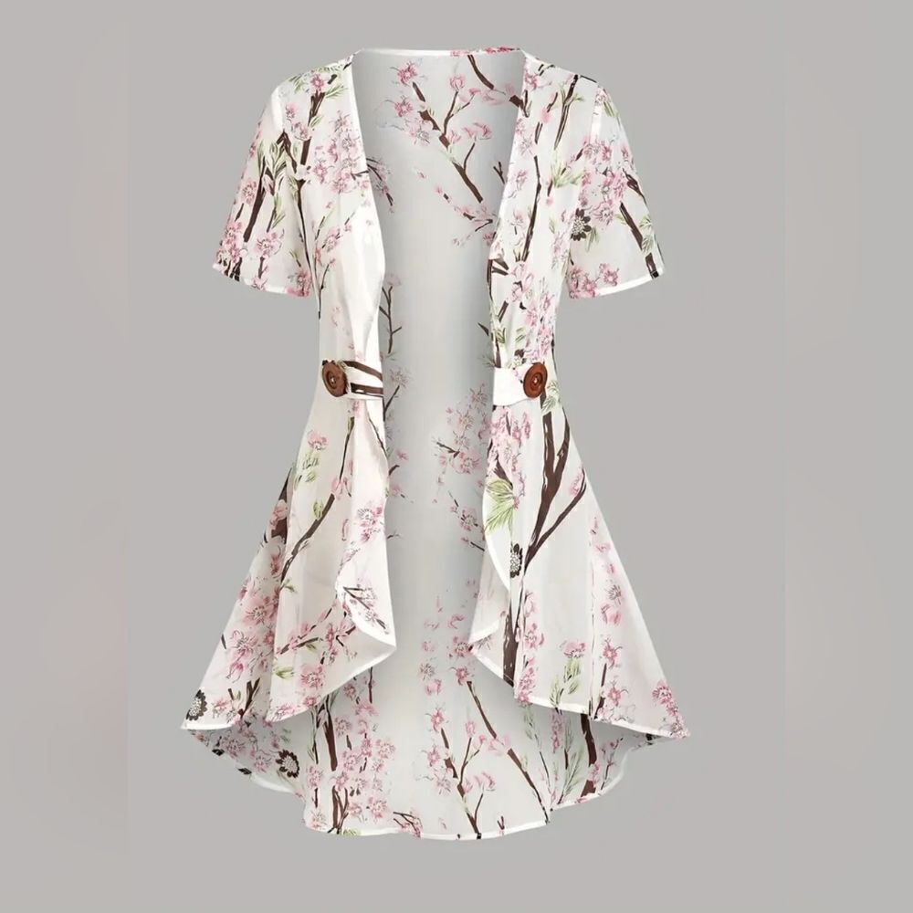 Dressfo 12 White Floral Print Shortsleeves Women's Opened Cardigan